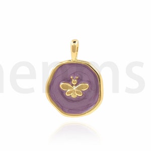 Colgante de mariposa relleno de oro de 18 quilates, colgante de esmalte redondo, amuleto volador, colgante de animales de disco púrpura, suministros de joyería de bricolaje, 18x13.5x2.5mm
