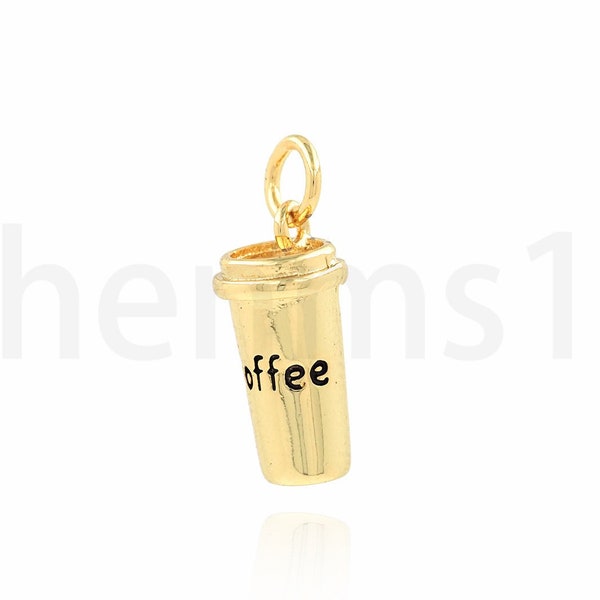 Cup Pendant, Coffee Charm, 18K Gold Filled Cup Necklace, Coffee Cup Pendant, Enamel Charm, Text Necklace, DIY Jewelry Supplies, 7x18x7mm