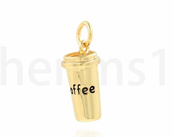 Cup Pendant, Coffee Charm, 18K Gold Filled Cup Necklace, Coffee Cup Pendant, Enamel Charm, Text Necklace, DIY Jewelry Supplies, 7x18x7mm