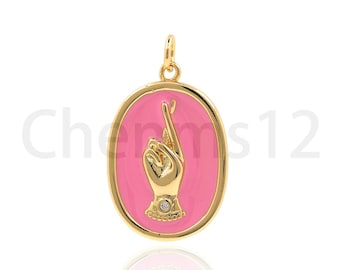 18K Gold Filled Oval Pendant, Gesture Pendant, Micropavé CZ Enamel Charm, Cross Gesture Necklace, DIY Jewelry Supplies, 25x15x2.5mm