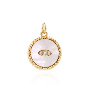 18K Gold Filled Round Pendant,Evil Eye Necklace, Micropavé CZ Shell Necklace, Shell Charm, Eye Charm, DIY Jewelry Supplies, 20x15x3mm
