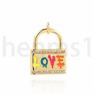 Lock Pendant, 18K Gold Filled Love Lock Charm, Enamel Letter Necklace, Enamel Charm, DIY Jewelry Making Accessory, 21.5x15x3mm