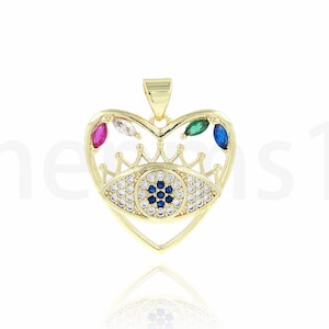 Heart Pendant,Micropavé CZ Dainty Love Charm , Demon Eye Charm, 18K Gold Filled Heart Eye Necklace, DIY Jewelry Supplies, 21.5x25x3.5mm