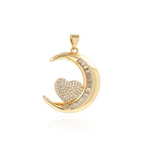 Love Charm, Crescent Charm, Openwork Necklace, Heart Pendant, 18K Gold Filled Moon Charm, DIY Jewelry Supplies, 30x27x3.5mm