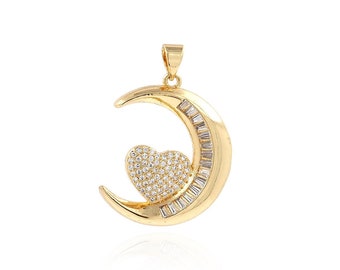 Love Charm, Crescent Charm, Openwork Necklace, Heart Pendant, 18K Gold Filled Moon Charm, DIY Jewelry Supplies, 30x27x3.5mm