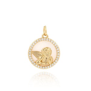 Angel Round Pendant, 18K Gold Filled Angel Pendant, Micropavé CZ Round Pendant, Angel Jewelry, DIY Jewelry Making Supplies, 16x20.6x3.5mm