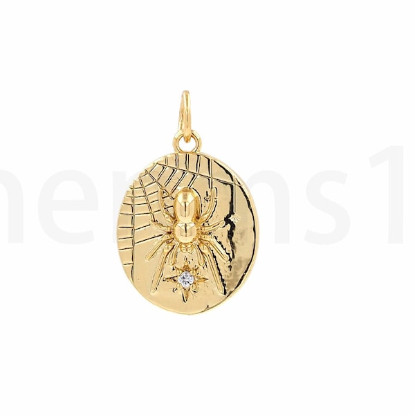 Spider Pendant,Round Charm,18K Gold Filled Spider Web Charm,Micropavé CZ Spider Charm,Insect Necklace,DIY Jewelry Supplies,13.8x20.1x3.5mm