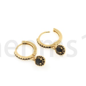 18K Gold Filled Drop Earrings, Black Diamond Stud Earrings, Micropavé CZ Black Diamond Charm, Round Drop Earrings, 22x13x1.7mm