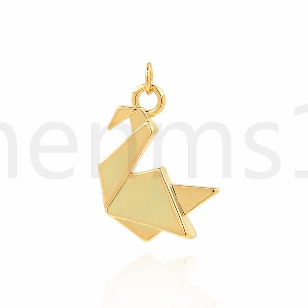 Origami Charm, Collier de cygne rempli d’or 18K, Pendentif Oiseau, Charme de cygne en papier, Fournitures de bijoux de bricolage, 28x20x5.5mm