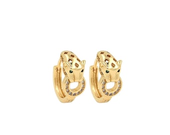 18K Gold gefüllte Leoparden Ohrringe, runde Ohrringe, Tier Ohrring, Micropavé CZ Leopardenkopf Ohrringe, DIY Schmuckzubehör, 13x15.5x6.5 mm