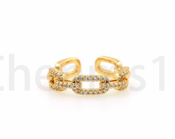 Chain Ring, 18K Gold Filled Adjustable Ring, Fake Diamond Rings, Engagement Rings,Rhinestone Ring, Micropavé CZ Open Ring,