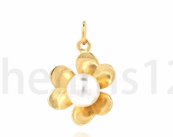 Colgante de flores de perlas, amuleto de flores lleno de oro de 18 quilates, collar de perlas, accesorios de fabricación de joyas de bricolaje, regalo para ella, 21x13.5x8mm