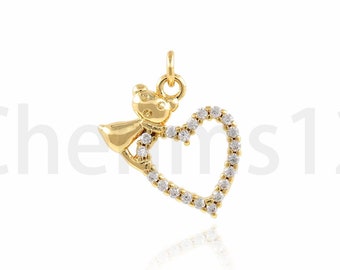 Bear Pendant,Heart Necklace,Micropavé CZ Love Necklace,Bear Hug Heart Pendant,18K Gold Filled Animal Charm,DIY Jewelry Supplies,14x20x2.7mm