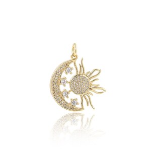 Micropavé CZ Sun Pendant, 18K Gold Filled Moon Pendant, Star Pendant, Crescent Moon Pendant, Sun Pendant,DIY Jewelry Supplies, 29.3x24x3.5mm