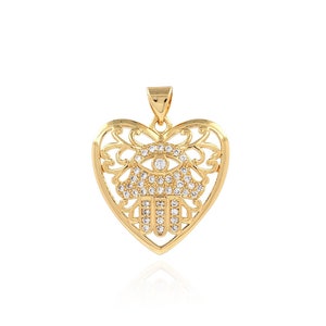 Evil Eye Pendant, Hamsa Pendant,Micropavé CZ Heart Pendant, 18K Gold Filled Hamsa Charm, Heart Charm, DIY Jewelry Supplies, 25.5x21.5x4.5mm