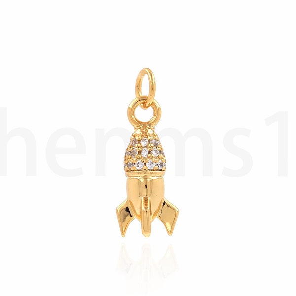 Rocket Pendant, 18K Gold Filled Rocket Charm, NASA Necklace, Micropavé CZ Universe Necklace, DIY Jewelry Supplies, 6x16x4.5mm