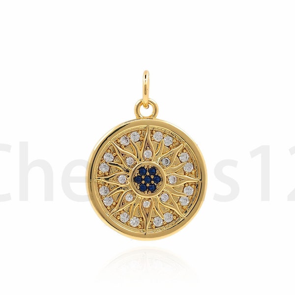 Micropavé CZ Sun Pendant, Stellar Charm, 18K Gold Filled Sunshine Necklace, Round Charm, DIY Jewelry Making Supplies, 22x16x2.5mm