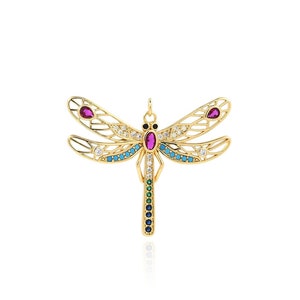 18K Gold Filled Dragonfly Charm, Micropavé CZ Dragonfly Necklace, Dragonfly Pendant, DIY Jewelry Making Accessory, 39x45x2.7mm