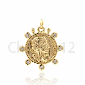 Micropavé Coin Pendant, 18K Gold Filled Head Charm, Character Pendant, Round Charm, DIY Jewelry Making Supplies,23x20.2x2.4mm