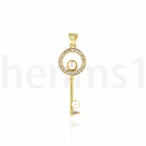 Micropavé CZ Pearl Key Hanger, Key Hanger, 18K Gold Filled Key Ketting, Gold Key Charm, Key Ornament,DIY Sieraden Benodigdheden,39.3x10x4.9mm