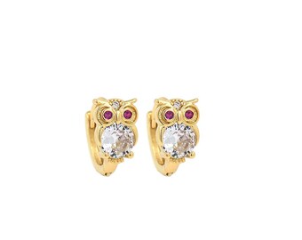 Pendientes de búho, pendientes de pájaro Micropavé CZ, pendientes perforados llenos de oro de 18 quilates, pendientes de animales, encanto de búho, suministros de joyería DIY, 11x13x6mm