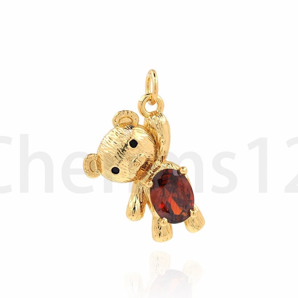 Bear Pendant, 18K Gold Filled Bear Charm, Micropavé CZ Bear Necklace, Gift for Her, DIY Jewelry Making Accessory, 24x13.5x4mm