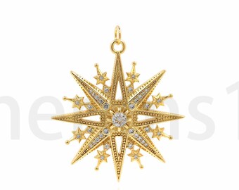 18K Gold Filled Polaris Pendant, Micropavé CZ Polaris Necklace, Star Pendant, Starburst Charm, DIY Jewelry Supplies, 41x34.5x4mm