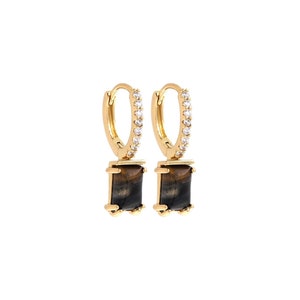 Tiger Stone Earrings, Micropavé CZ Square Agate Earrings, 18K Gold Filled Colored Zircon Earrings, Minimalist Earring, 14.5x24.5x7.5mm