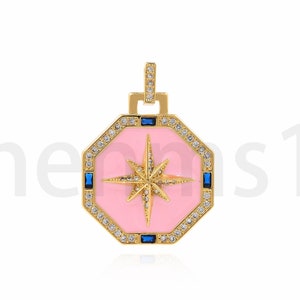 Medallion Enamel Pendant, 18K Gold Filled Polaris Pendant, Micropavé CZ Star Necklace, Star Charm, DIY Jewelry Supplies, 35x25x3.5mm