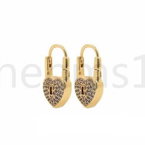 Heart Lock Earrings,Lock Jewelry,Gift for Her,18K Gold Filled Heart Earrings,Micropavé CZ Lock Earrings,DIY Jewelry Supplies,19x10.5x4.8mm