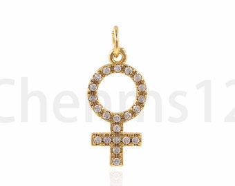 Colgante con símbolo femenino bañado en oro de 18 quilates, dije de género, collar con micropavé de circonitas cúbicas, dije de símbolo, suministros de joyería DIY, 22 x 9 x 2 mm