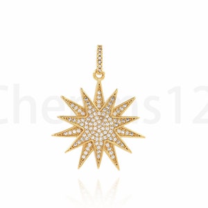 18K Gold Filled Sun Charm, Micropavé CZ Sun Necklace, Sun Pendant, Sun Charm, DIY Jewelry Making Supplies, 27x36.5x2.5mm