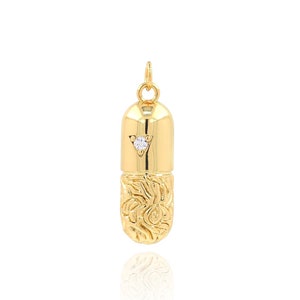 Gold Pill Pendant, Pill Charm, 18K Gold Filled Pill Pendant, Capsule Necklace, Micropavé CZ Capsule Charm, DIY Jewelry Supplies, 31x9x4.5mm