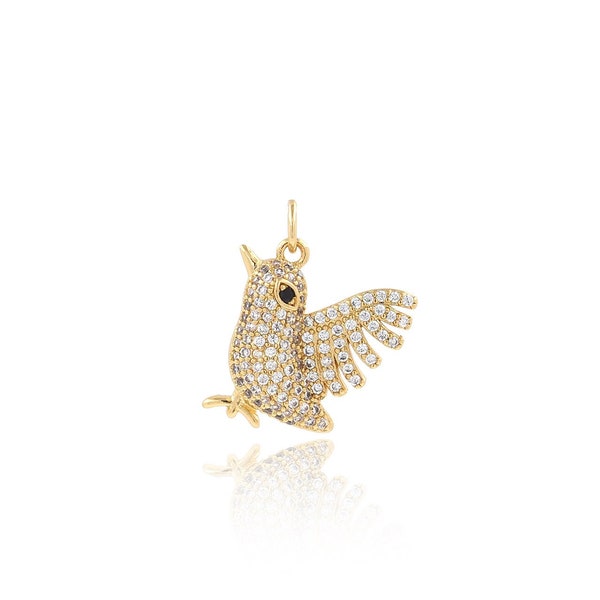 Collier d'oiseau rempli d'or 18 carats, collier de moineau CZ Micropavé, pendentif d'oiseau, charme d'inséparable, bijoux d'oiseau, fournitures de bijoux de bricolage, 21x18x4mm