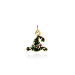 Witch Hat Pendant, 18K Gold Filled Enamel Charm, Fashion Pendant, Bow Charm, Gold Hat Necklace, DIY Jewelry Supplies, 13.5x11x1.8mm