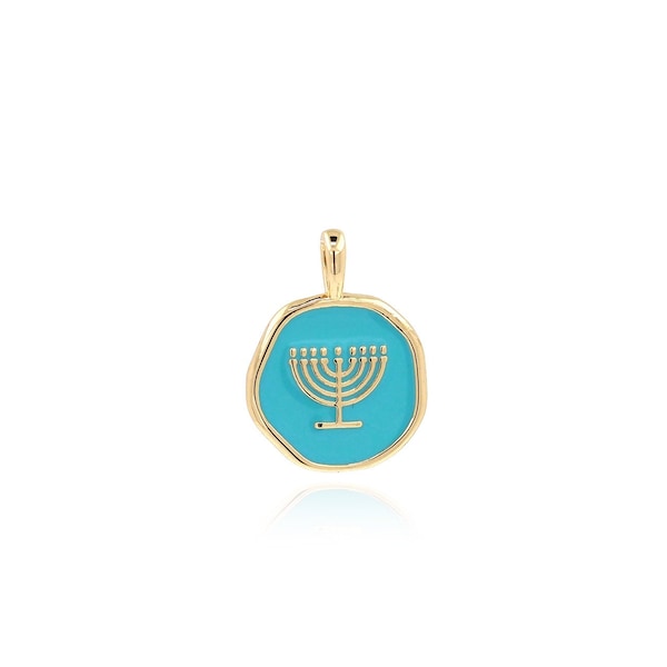 Gold Menorah Pendant,Jewish Menorah Charms,18K Gold Filled Enamel Necklace for DIY Jewelry Making Supply,18x13.5x1.5mm