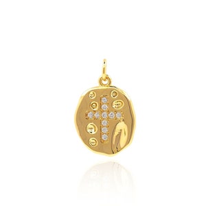 18K Gold Filled Round Cross Pendant, Religious Charm, Micropavé CZ Cross Charm,Christian Pendant,DIY Jewelry Supplies,16.9*10.9*1.2mm