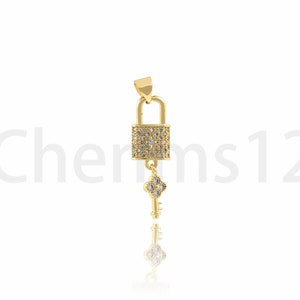 Lock Pendant, Key Charm, 18K Gold Filled Lock Necklace, Micropavé CZ Key Pendant, Lock Charm, DIY Jewelry Supplies, 9x32.5x2.8mm