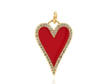 Colgante de corazón lleno de oro de 18 quilates, collar de amor Micropavé CZ, dije de esmalte, colgante de corazón rojo, suministros de joyería DIY, 27,1*16*2mm
