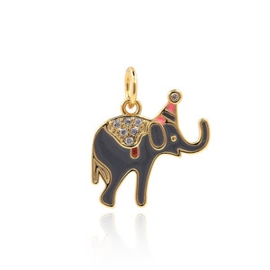 Enamel Elephant Pendant, Micropavé CZ Wild Animal Pendant, 18K Gold Stuffed Animal Pendant, DIY Jewelry Making Supplies, 16x14x1.5mm