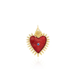 18K Gold Filled Heart Pendant,Micropavé CZ Evil Eye Pendant,Enamel Heart Eye Pendant, Flower Charm,  DIY Jewelry Supplies,34x25x2.5mm