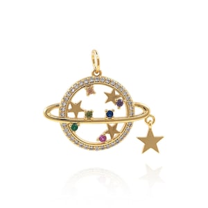 Round Planet Pendant, Micropavé CZ Saturn Pendant, 18K Gold Filled Pentacle Pendant, DIY Jewelry Making Supplies, 22*23.8*2.9mm