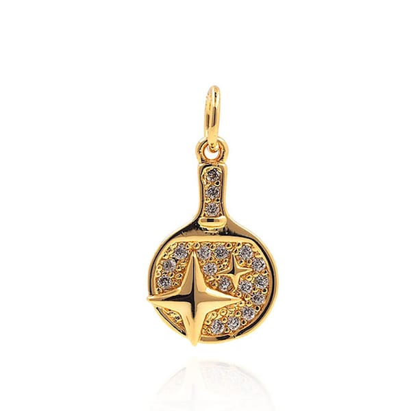 Table Tennis Paddle Pendant，Micro pavé CZ Table Tennis Necklace,18K Gold Filled Star Charms,Gift For Her，DIY Jewelry Supplies,19.4*9.8*2.3mm