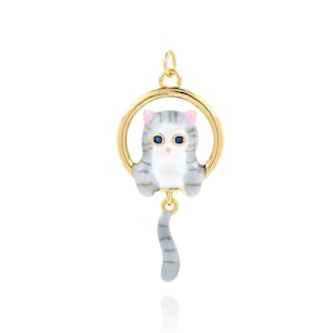 18K Gold Filled Cat Pendant, Cat Charm, Pet Necklace, Enamel Charm, Micropavé CZ Cute Charm, DIY Jewelry Supplies, 32x15x4mm