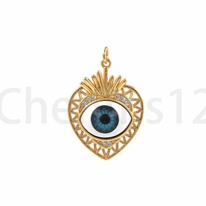 18K ゴールドフィルド ハートネックレス、ハートアイペンダント、ラブチャーム、エナメルチャーム、マイクロパヴェ CZ イーブルアイペンダント、DIY ジュエリー用品、32x22x1.8 mm