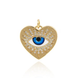マイクロパヴェ CZ イーブルアイペンダント、ハートアイペンダント、ラブチャーム、エナメルチャーム、18K ゴールドフィルドハートネックレス、DIY ジュエリー用品、22.5*20.5*2 mm