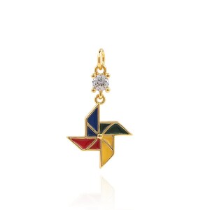 Micropavé CZ Pinwheel Pendant, 18K Gold Filled Pinwheel Necklace, Enamel origami Pinwheel Charm, DIY Jewelry Supplies, 21.5*12*1.7mm