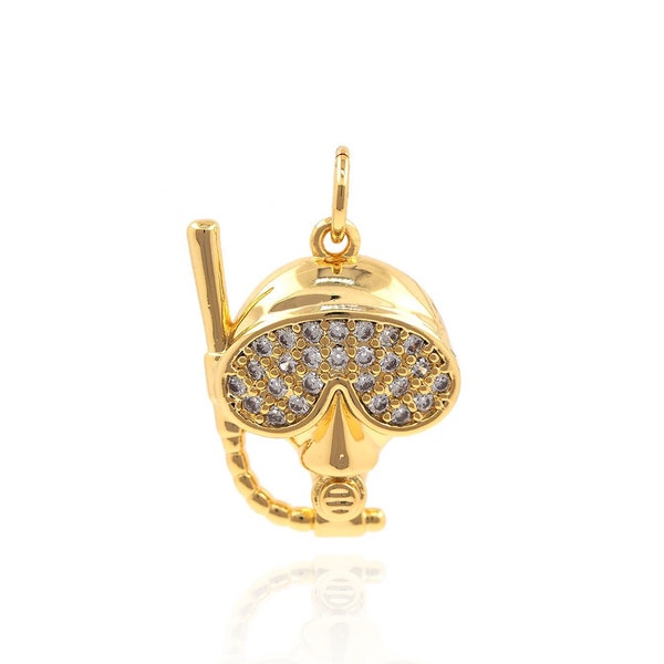 Pendentif de casque de plongée Micropavé CZ, collier de masque de plongée rempli d'or 18 carats, breloque sous-marine, breloque d'outil de plongée, fournitures de bijoux de bricolage, 20 x 13 x 3,4 mm