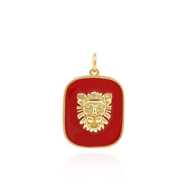18K Gold Filled Lion Head Pendant, Enamel Square Lion Necklace, Lion Charm, Wildlife Pendant, Gift For Her,DIY Jewelry Supplies，24x16x4.5mm