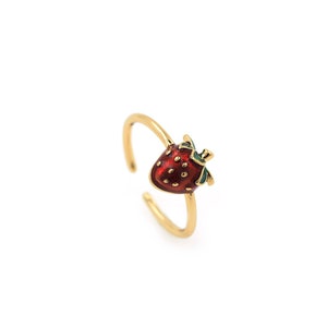 18K goud gevulde open ring, emaille aardbei ring, fruit ring, Micropavé CZ verstelbare ring, aardbei charme, stapelbare ringen, cadeaus voor haar
